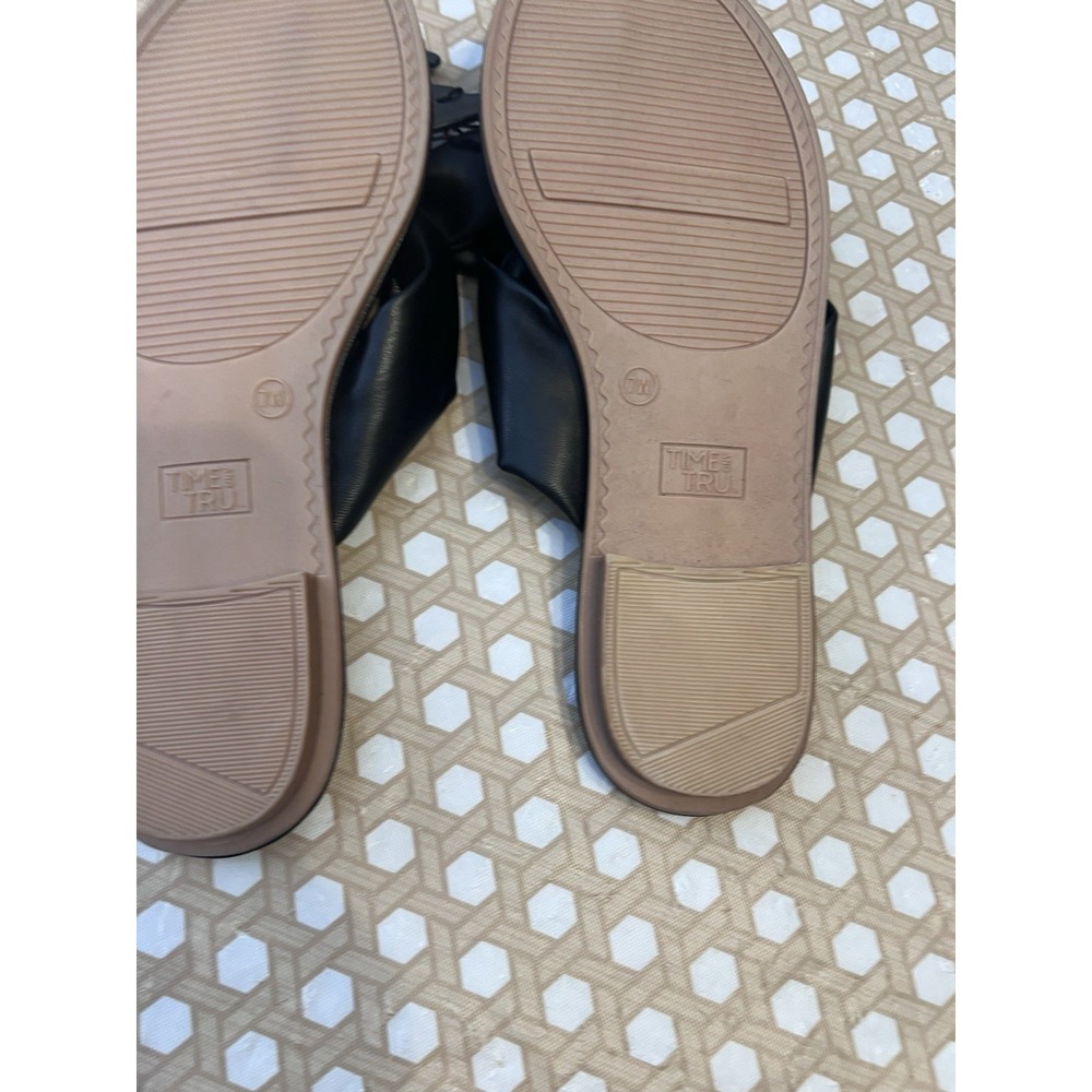 Black Sandal Flat Slides Faux Leather‎ Bow Thong Memory Foam Cushion Size 7W - Picture 6 of 6